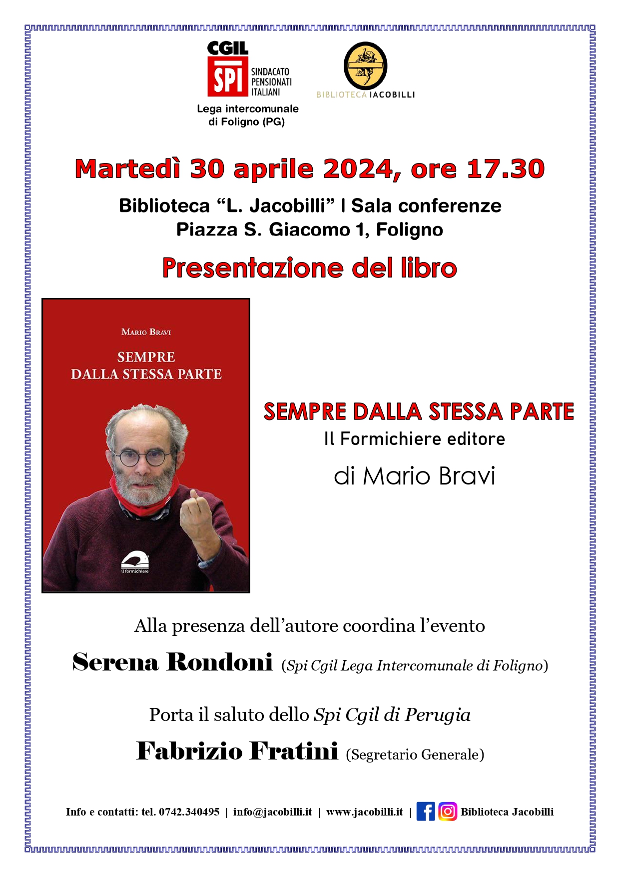 Locandina SPI CGIL libro Bravi 30 aprile 2024